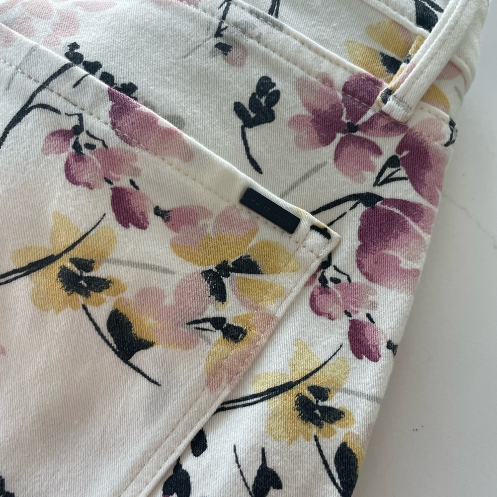 Floral Print White Women's Jeans - Pink & Yellow Blossoms - Picture 2 of 4